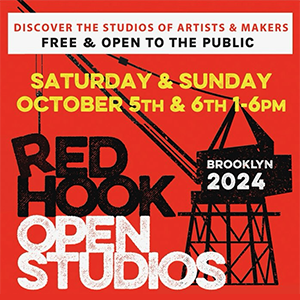 promotional graphic for red hook open studios featuring logo type and crane image