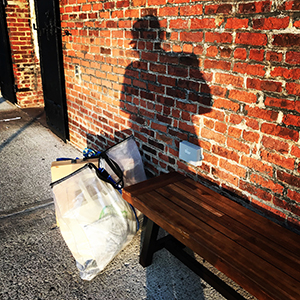 man's shadow against a red brick wall in late day sunlight