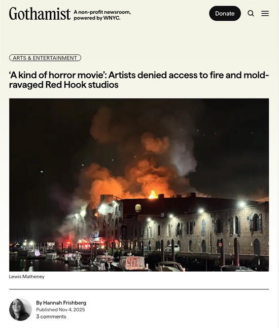 a screenshot of the gothamist website displays an article featuring a picture of a brick warehouse on fire at night
