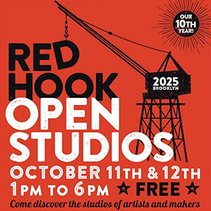 promotional graphic for red hook open studios 2025 featuring logo type and crane image